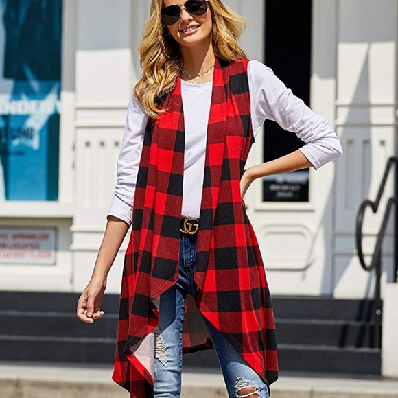 🔥 Womens Plaid Open Front Cardigan Sleeveless - Picture 5 of 7